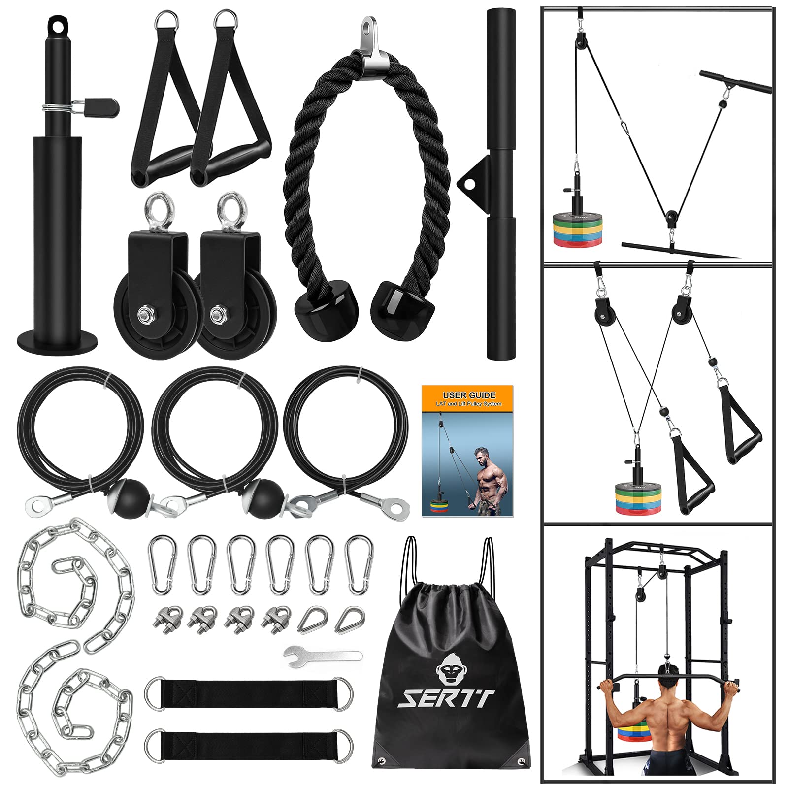 SERTT Weight Cable Pulley System Gym, Upgraded Cable Pulley Attachments for Gym LAT Pull Down, Biceps Curl, Tricep, Arm Workouts - Weight Pulley System Home Gym Add On Equipment