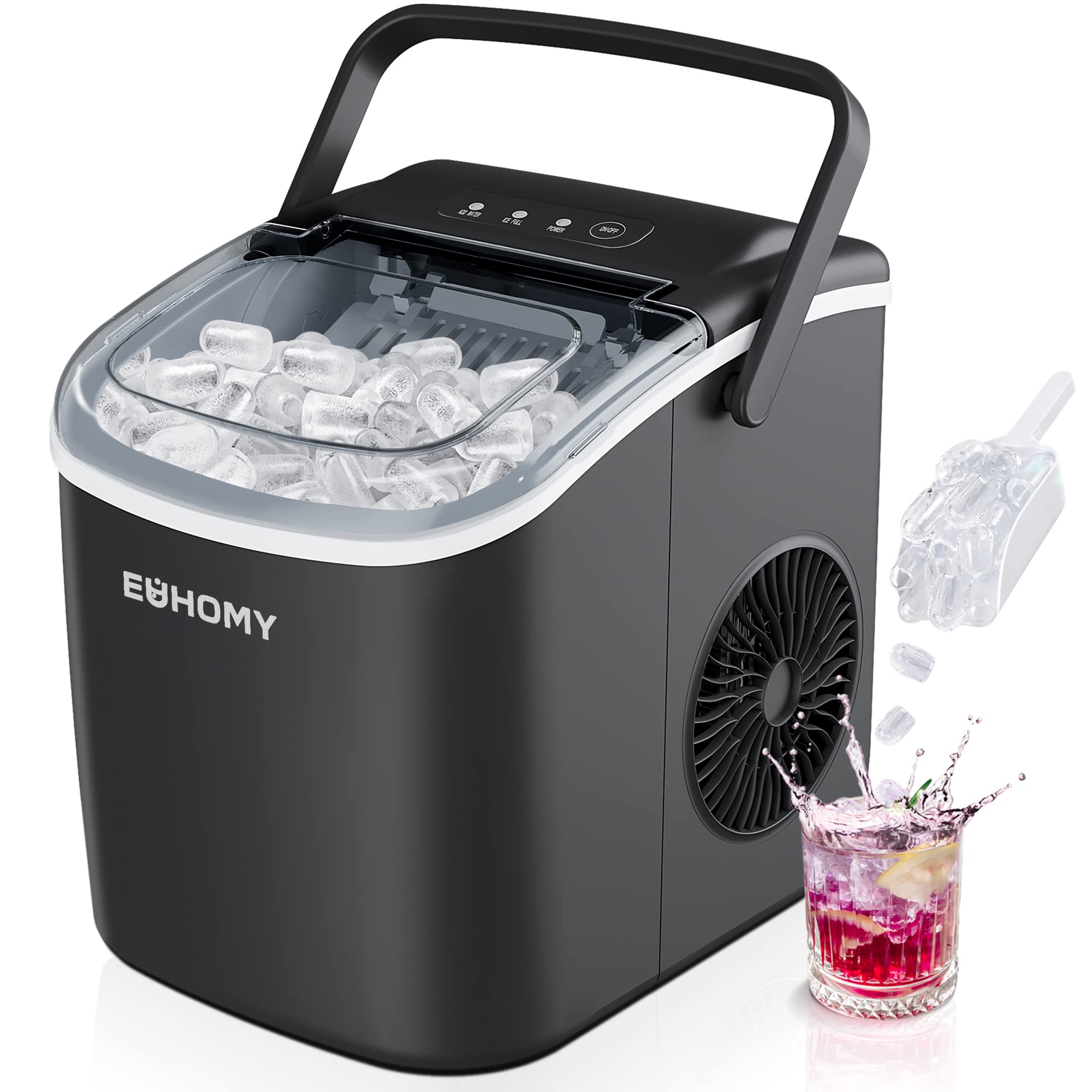 E EUHOMY Euhomy Countertop Ice Maker Machine with Handle, 26Lbs/24H Portable Ice Maker.