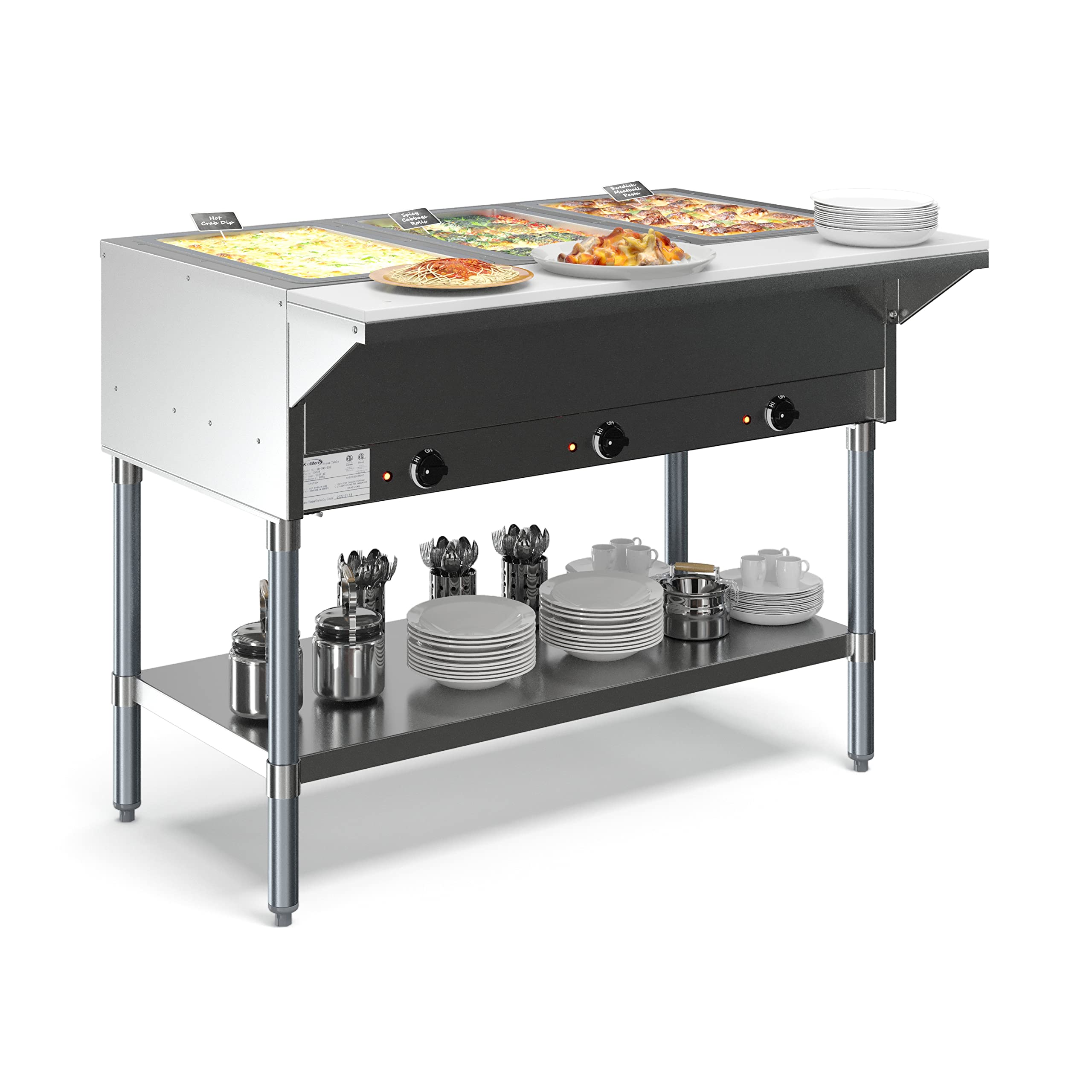 KoolMore Open Well Commercial Electric Stainless Steel Steam Table Food Warmer for Buffets with Undershelf, Warming Control Knobs, and Front Serving Area