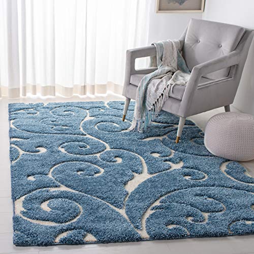 Safavieh Koleksi Florida Shag SG455-6011 Karpet Area Swirl Anggun Warna Biru Muda dan Krem dengan Motif Vine Bergulir (8'6' x 12')