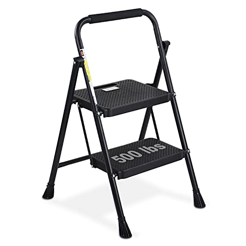 HBTower 3 Step Ladder, Folding Step Stool with Wide Anti-Slip Pedal, Sturdy Steel Ladder, Convenient Handgrip, Lightweight 500lbs Portable Steel Step Stool